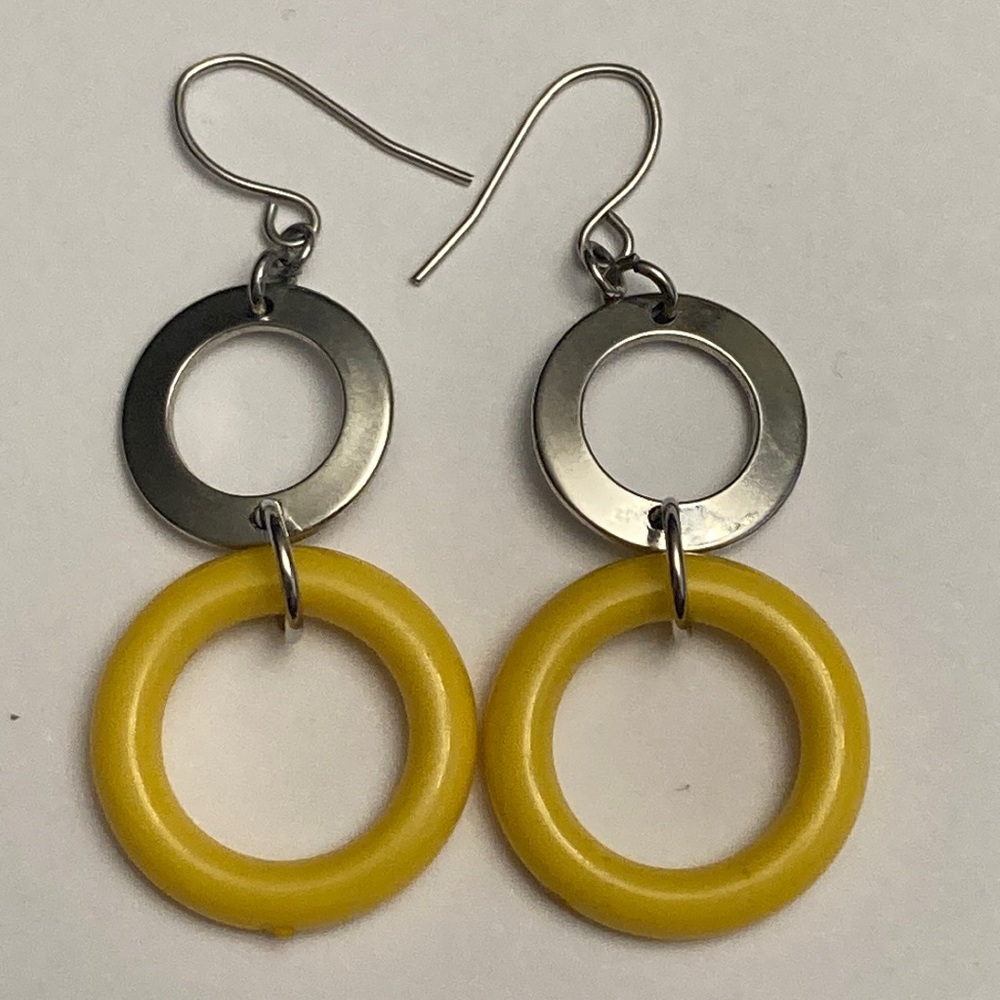 Yellow Silver Tone Circle Drop Dangle Earrings